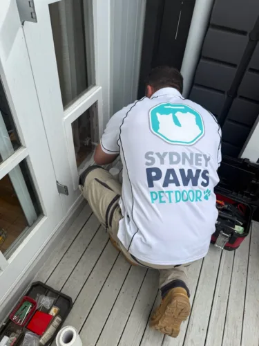 A Sydney Paws Petdoor installer kneeling at a white French door with his tools, fitting a pet door