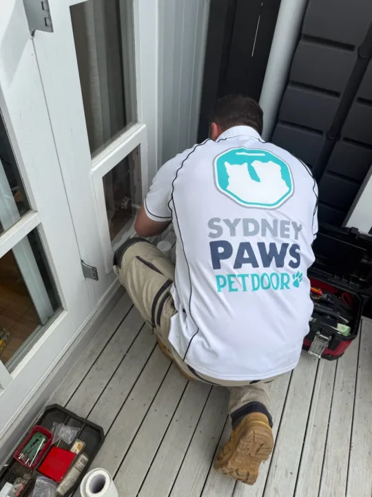 A Sydney Paws Petdoor installer kneeling at a white French door with his tools, fitting a pet door