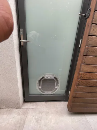 A round pet door cut into a frosted glass door beside timber cladding