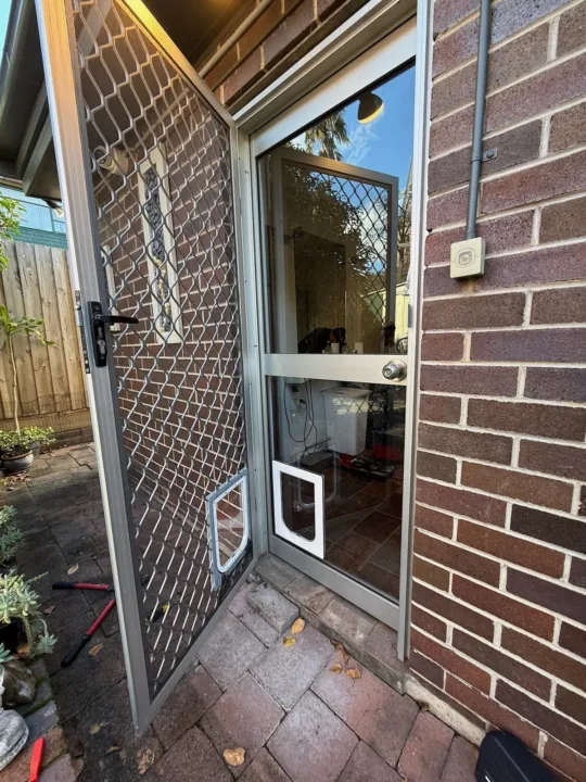 Dual pet doors: one in a diamond-grille security door and a second in the glass door behind it