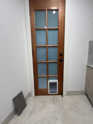 A white pet door at the base of a tall timber door with frosted glass panels